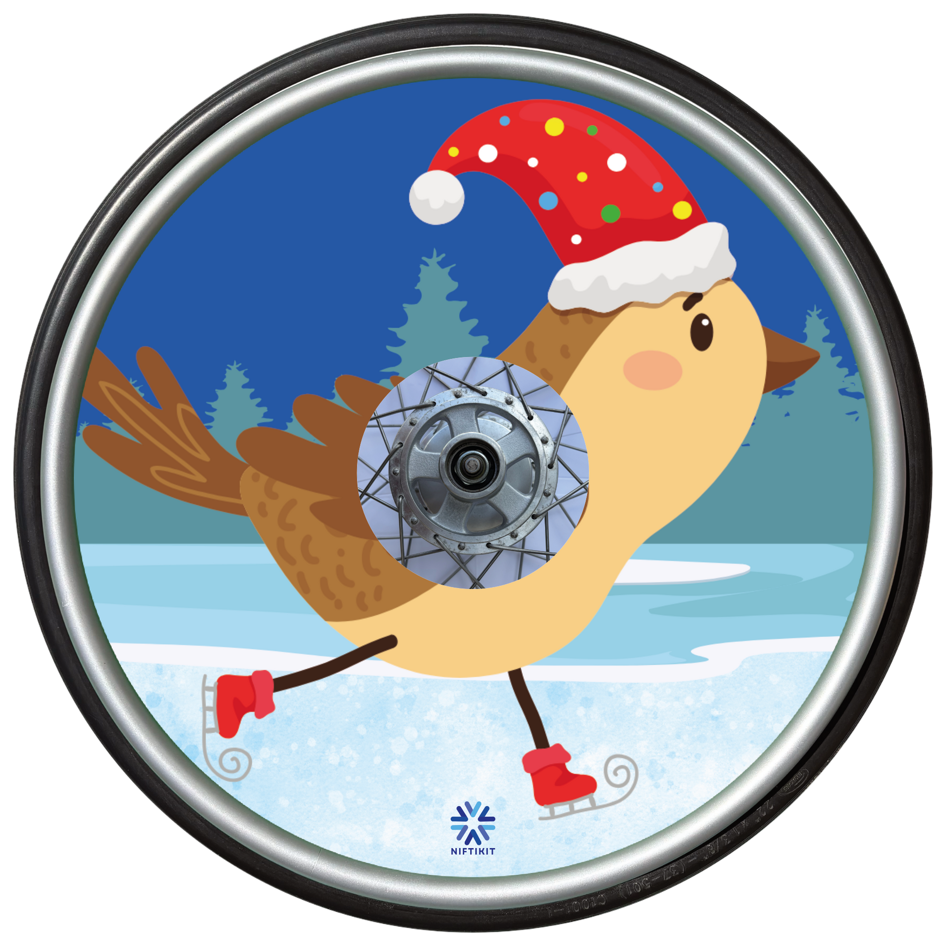 Wheelchair wheel featuring cartoon Robin wearing a Santa hat with a snowy landscape background