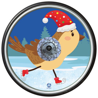 Wheelchair wheel featuring cartoon Robin wearing a Santa hat with a snowy landscape background