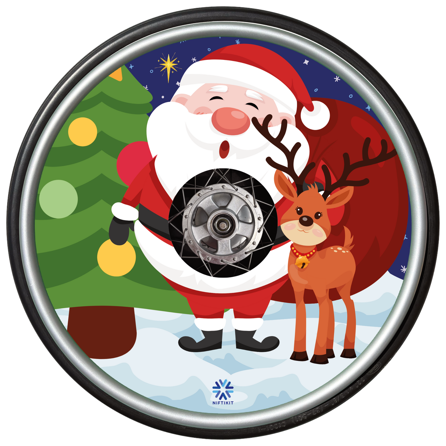 Wheelchair wheel  and cover featuring cartoon Santa Claus with a reindeer and Christmas tree on a snowy background