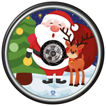 Wheelchair wheel  and cover featuring cartoon Santa Claus with a reindeer and Christmas tree on a snowy background