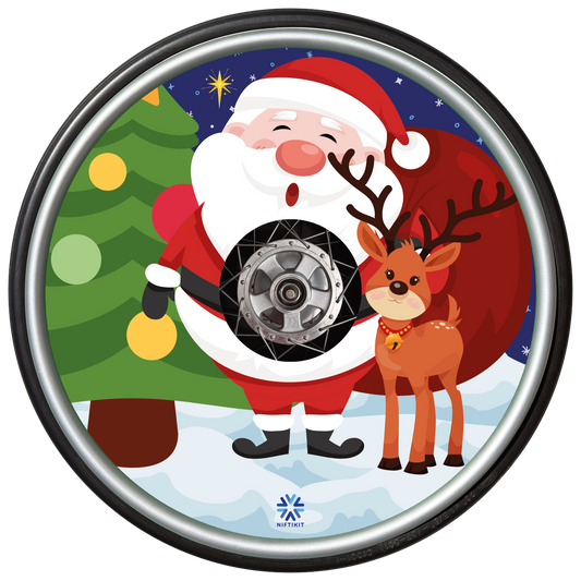 Wheelchair wheel  and cover featuring cartoon Santa Claus with a reindeer and Christmas tree on a snowy background