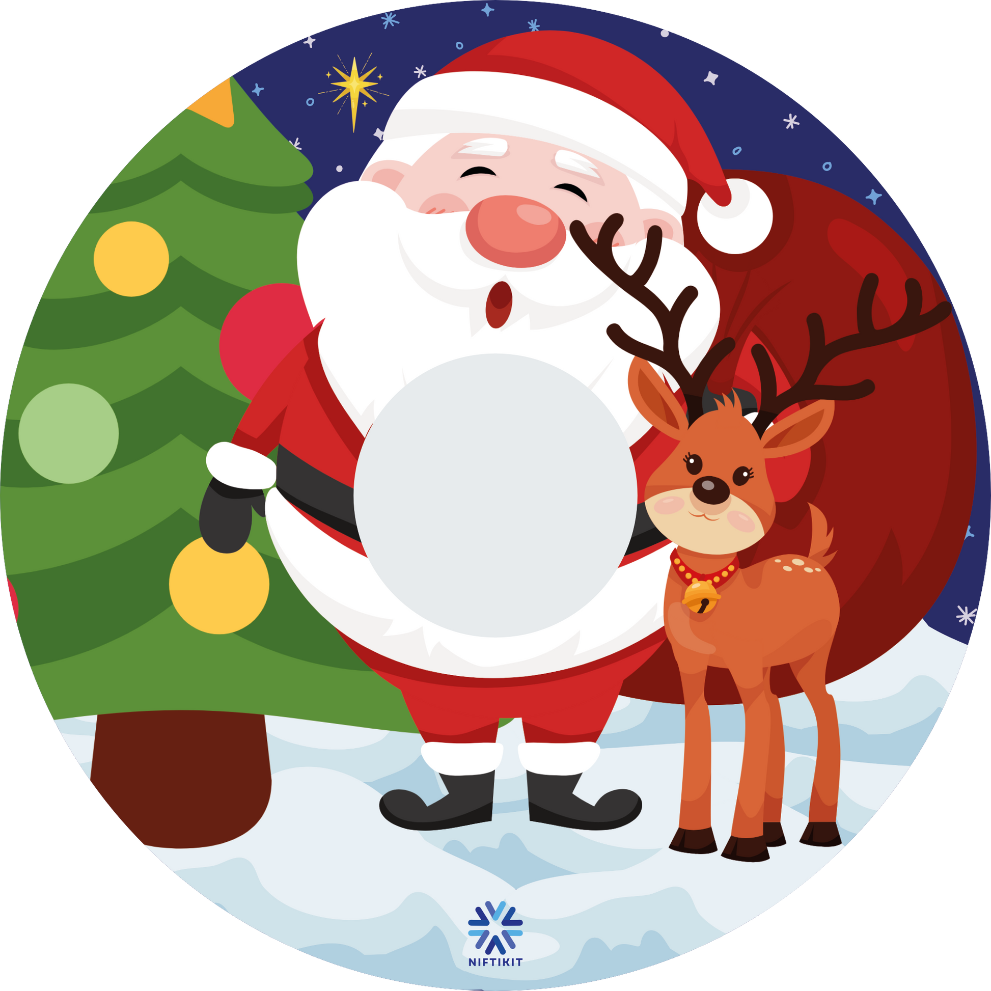 Festive wheelchair wheel cover featuring cartoon Santa Claus with a reindeer and Christmas tree on a snowy background