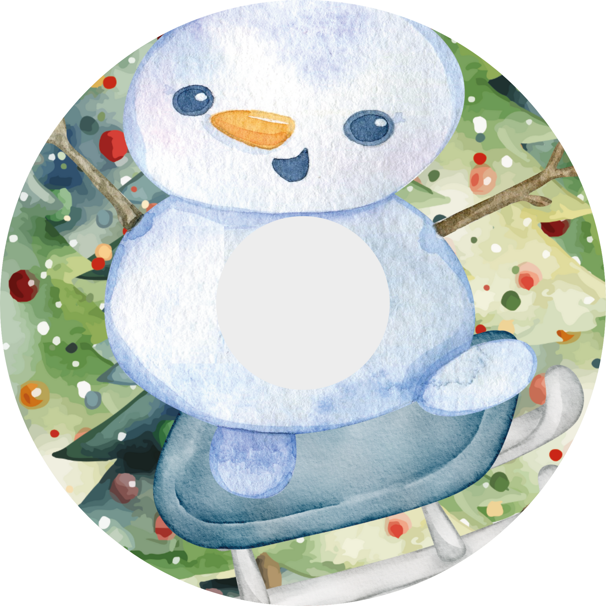 Wheelchair wheel cover with a snowman design on a watercolour Christmas Tree background
