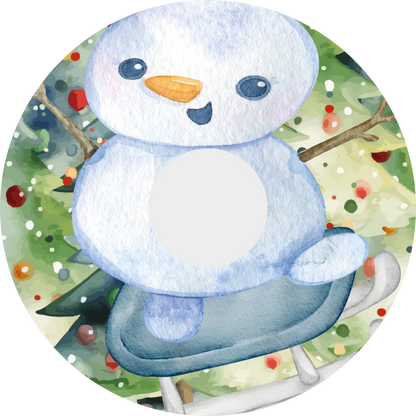 Wheelchair wheel cover with a snowman design on a watercolour Christmas Tree background