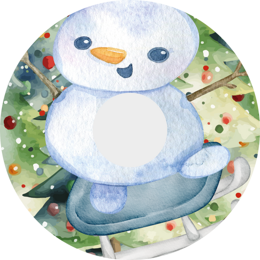 Wheelchair wheel cover with a snowman design on a watercolour Christmas Tree background
