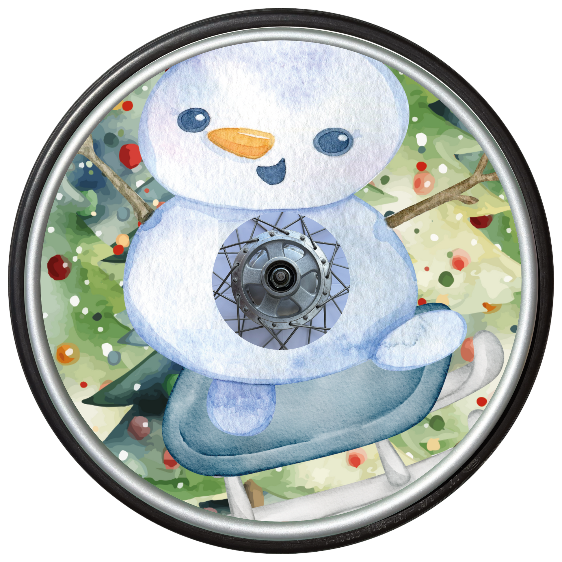 Decorative wheelchair wheel with spoke cover featuring a snowman design on a watercolour Christmas Tree background