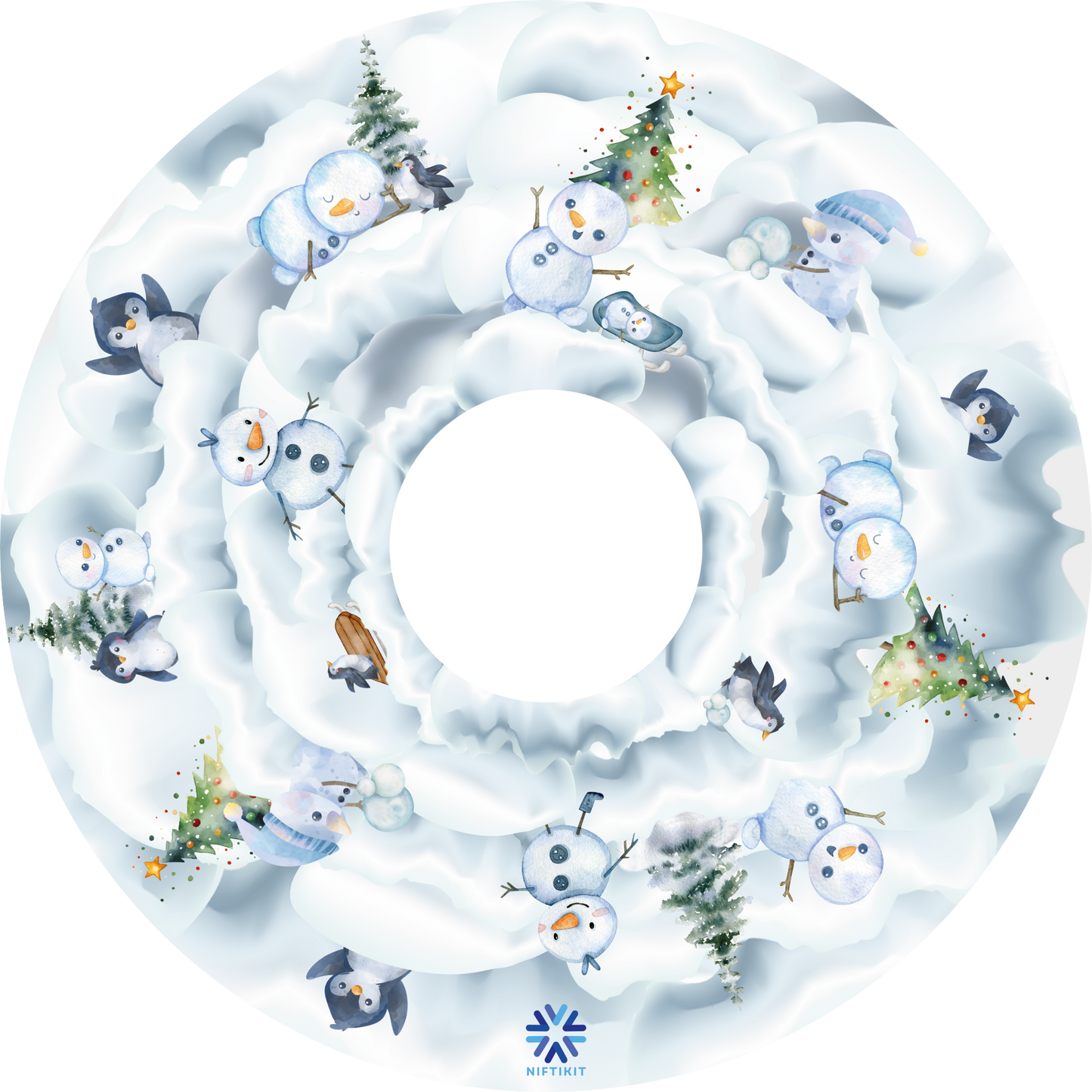 Wheelchair wheel cover with winter, snow-themed design featuring snowmen and penguins.