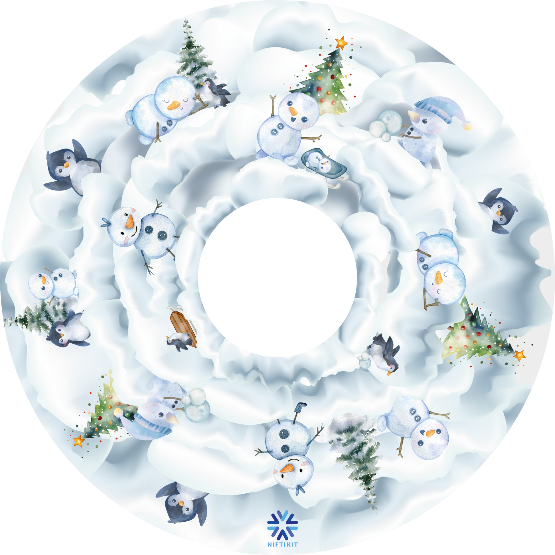 Wheelchair wheel cover with winter, snow-themed design featuring snowmen and penguins.