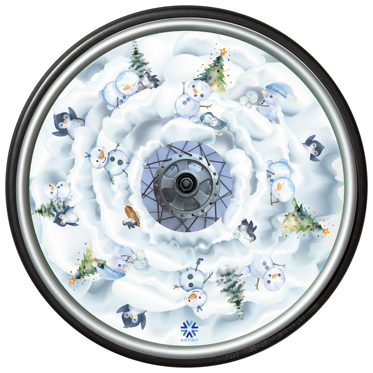 Wheelchair wheel with winter, snow-themed design featuring snowmen and penguins.