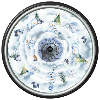 Wheelchair wheel with winter, snow-themed design featuring snowmen and penguins.