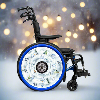 Wheelchair with wheel cover featuring winter, snow-themed design, snowmen and penguins and a blue push rim cover.