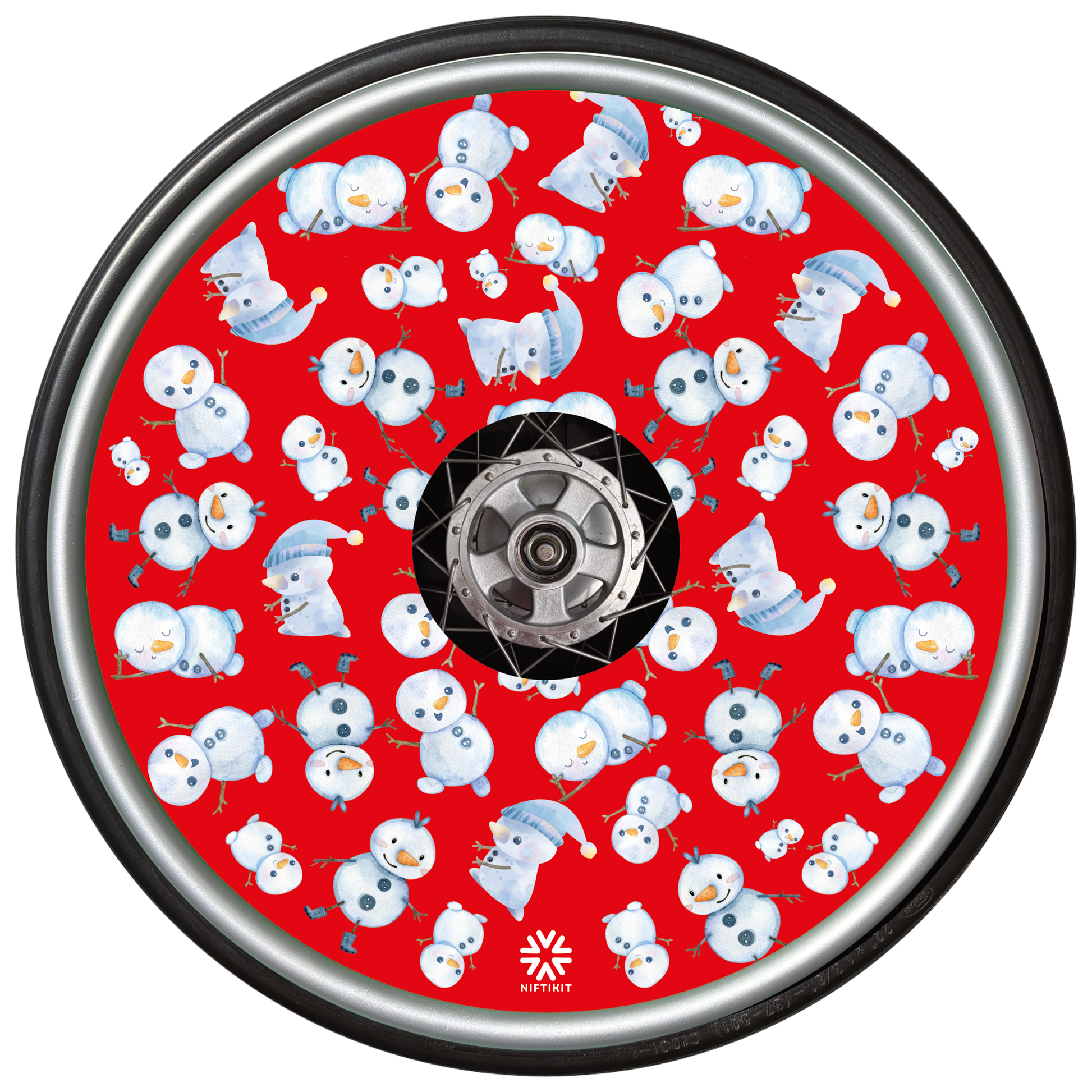 Wheelchair wheel with spoke guard  featuring multiple snowman pattern on a red background
