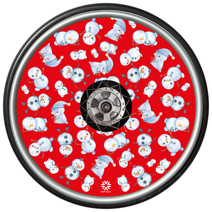 Wheelchair wheel with spoke guard  featuring multiple snowman pattern on a red background