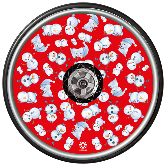 Wheelchair wheel with spoke guard  featuring multiple snowman pattern on a red background