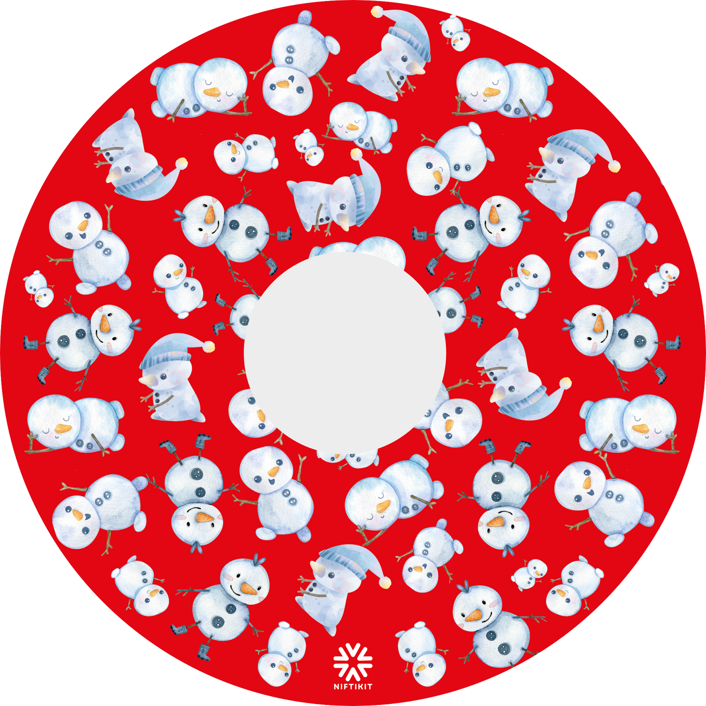 Wheelchair spoke guard cover  featuring multiple snowman pattern on a red background