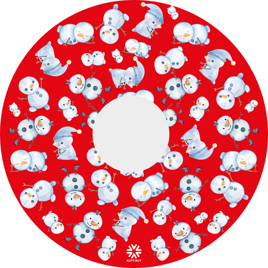 Wheelchair spoke guard cover  featuring multiple snowman pattern on a red background