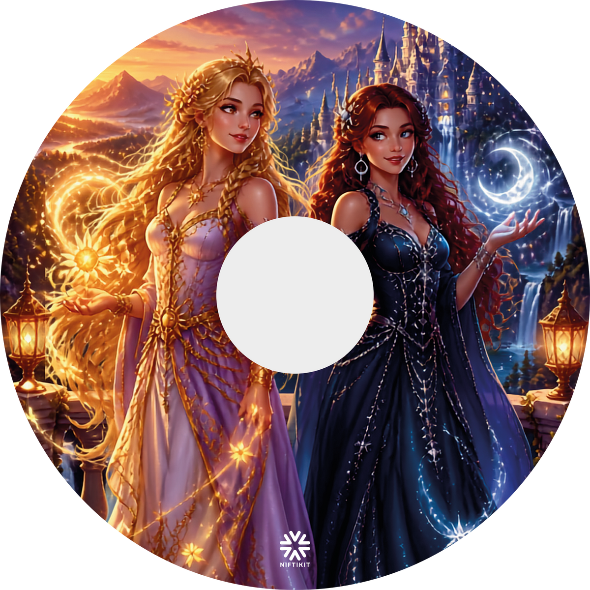 Princess Fantasy wheelchair wheel cover with a central hub opening, featuring colourful fairytale artwork and two fantasy princesses