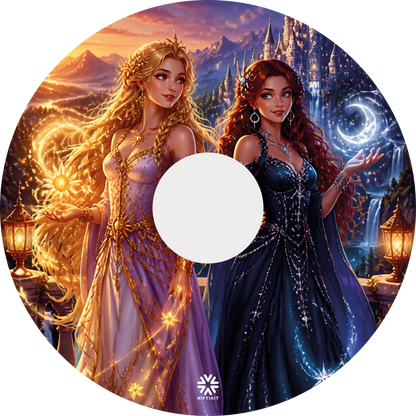 Princess Fantasy wheelchair wheel cover with a central hub opening, featuring colourful fairytale artwork and two fantasy princesses