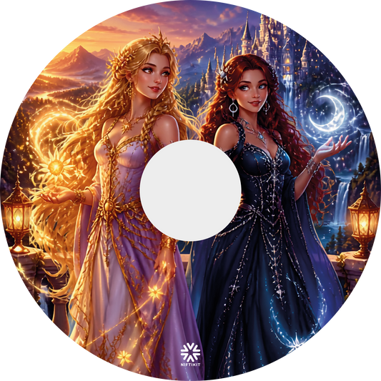 Princess Fantasy wheelchair wheel cover with a central hub opening, featuring colourful fairytale artwork and two fantasy princesses