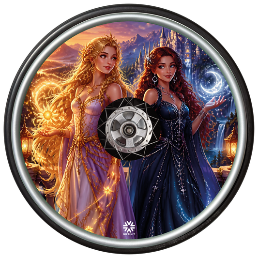 Princess Fantasy wheelchair wheel cover fitted to a wheelchair wheel, featuring two fantasy princesses, a castle, mountains and a magical golden and blue landscape