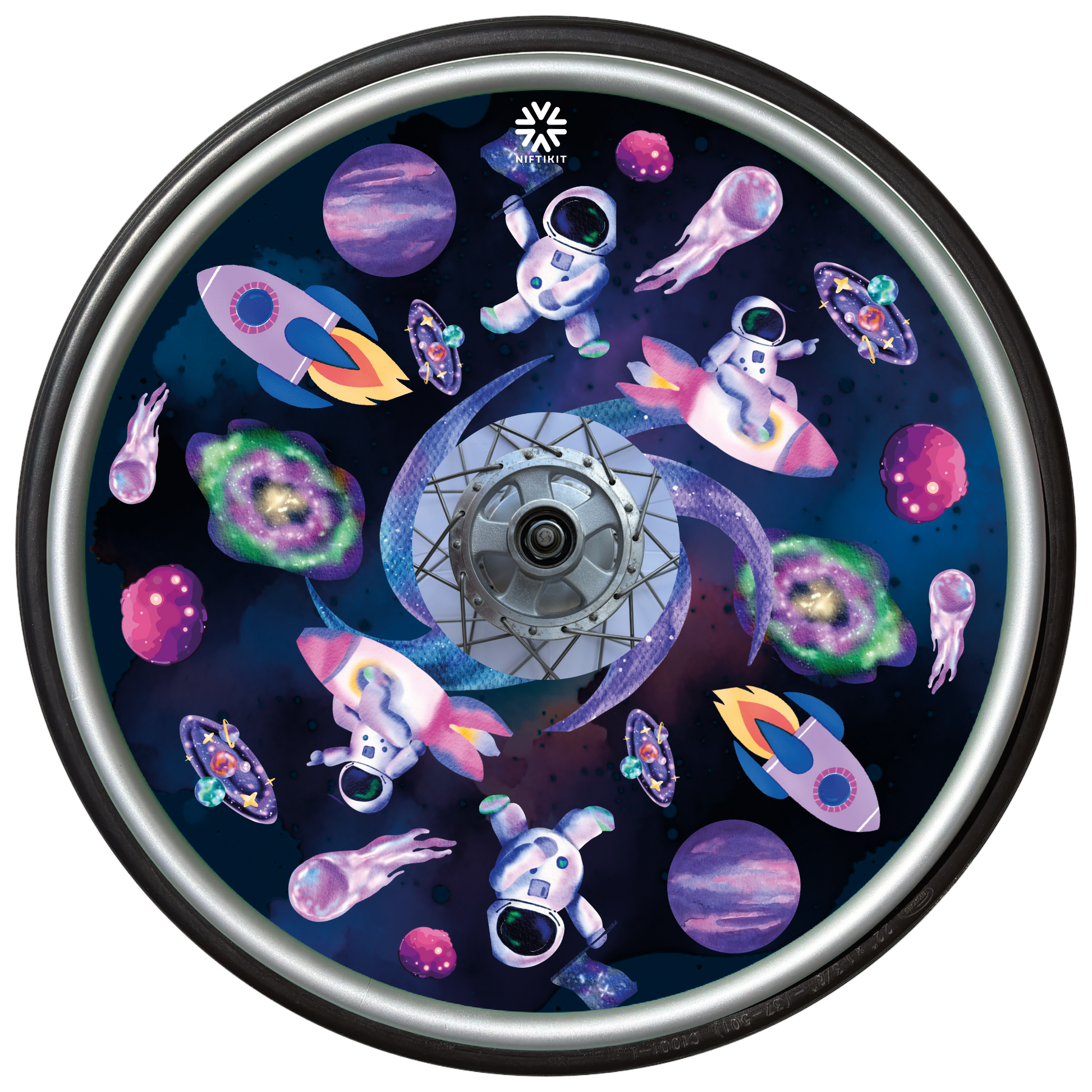 Decorative wheel with cartoon space-themed design featuring astronauts, rockets, and planets.