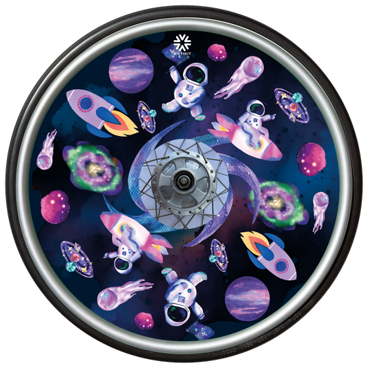 Decorative wheel with cartoon space-themed design featuring astronauts, rockets, and planets.