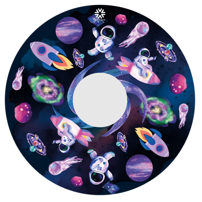 Spoke guard disc with space-themed illustrations including rockets, planets, and astronauts on a dark blue background.