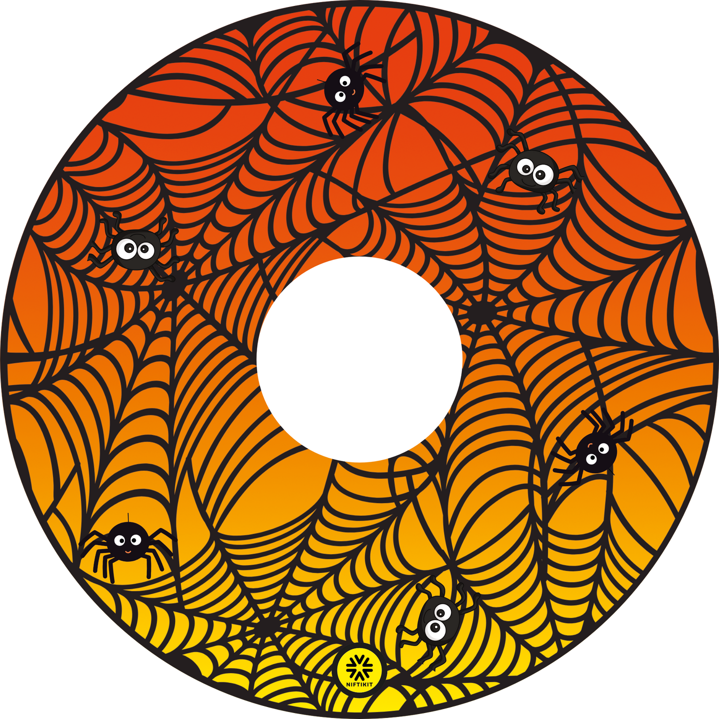Wheelchair wheel cover featuring spiders on spider webs on an orange background.