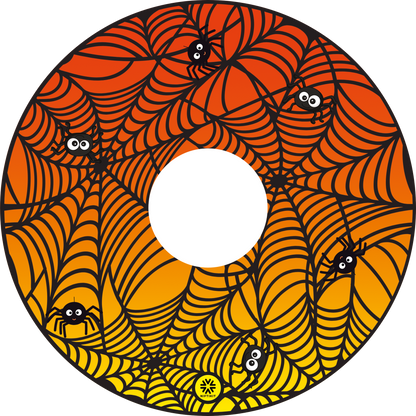 Wheelchair wheel cover featuring spiders on spider webs on an orange background.