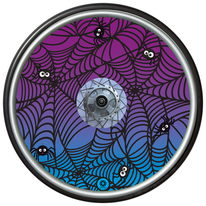 Wheelchair wheel cover on a wheel featuring spiders on spider webs on an purple background.