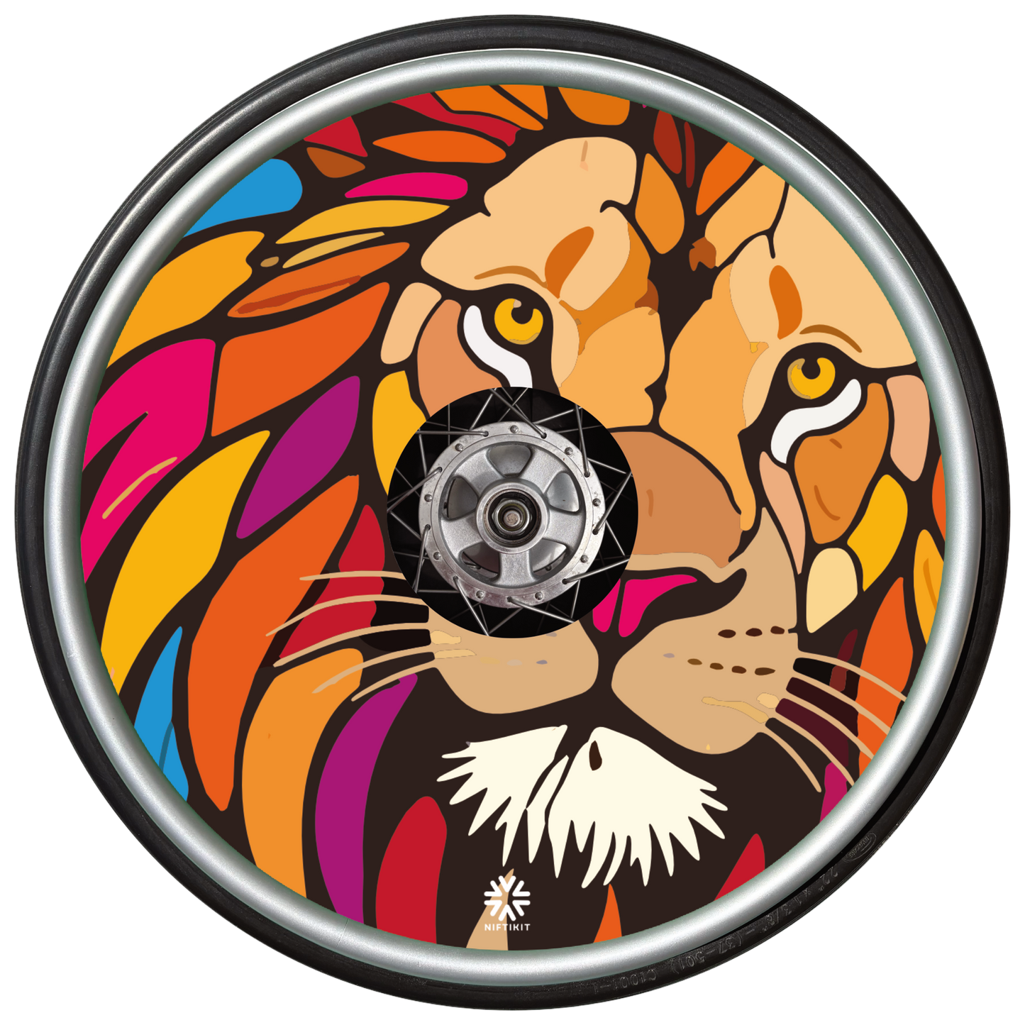 Bright, bold lion head design on a wheelchair wheel with Niftikit logo.