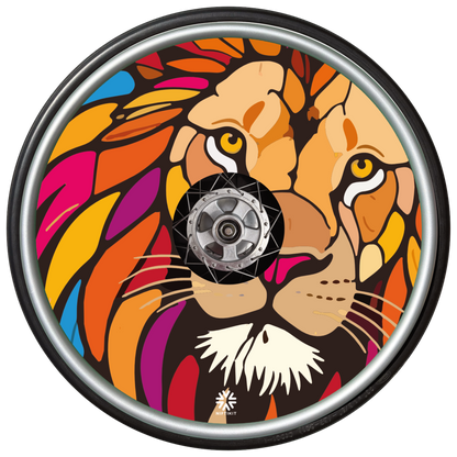 Bright, bold lion head design on a wheelchair wheel with Niftikit logo.