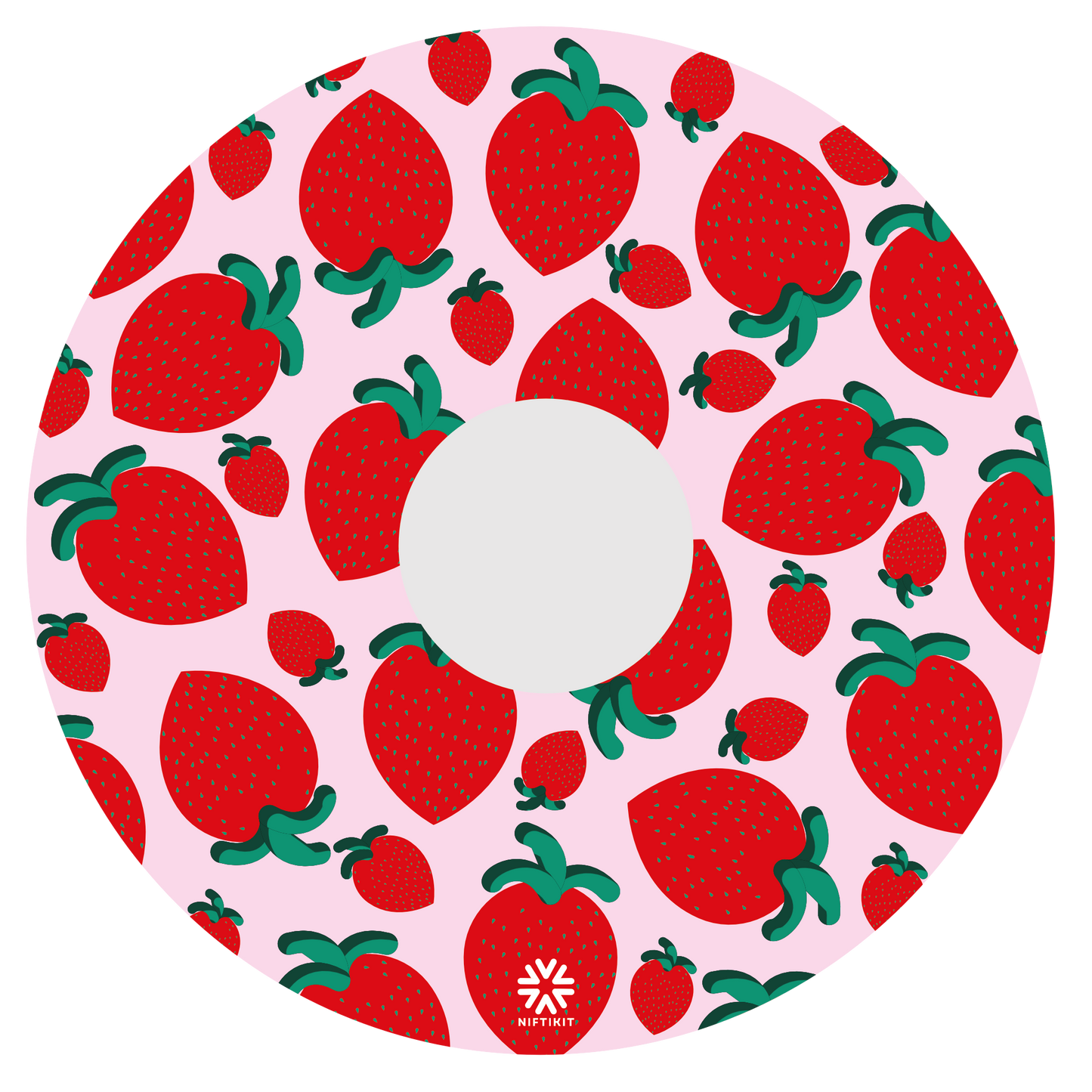 Wheel cover with strawberry pattern on a pink background. Small white Niftikit logo, centre cutout 