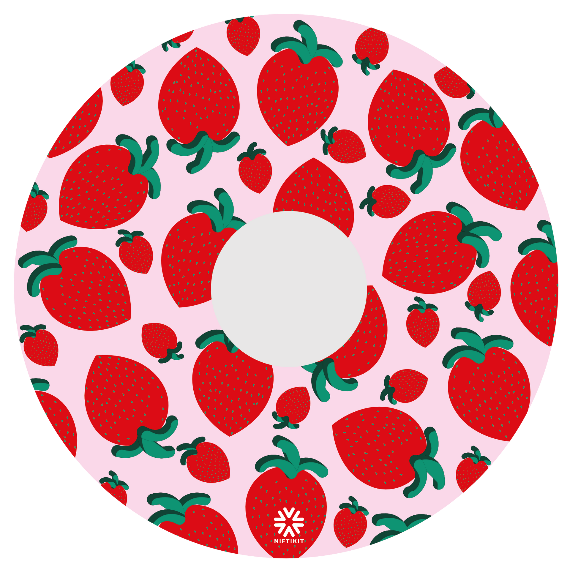Wheel cover with strawberry pattern on a pink background. Small white Niftikit logo, centre cutout 
