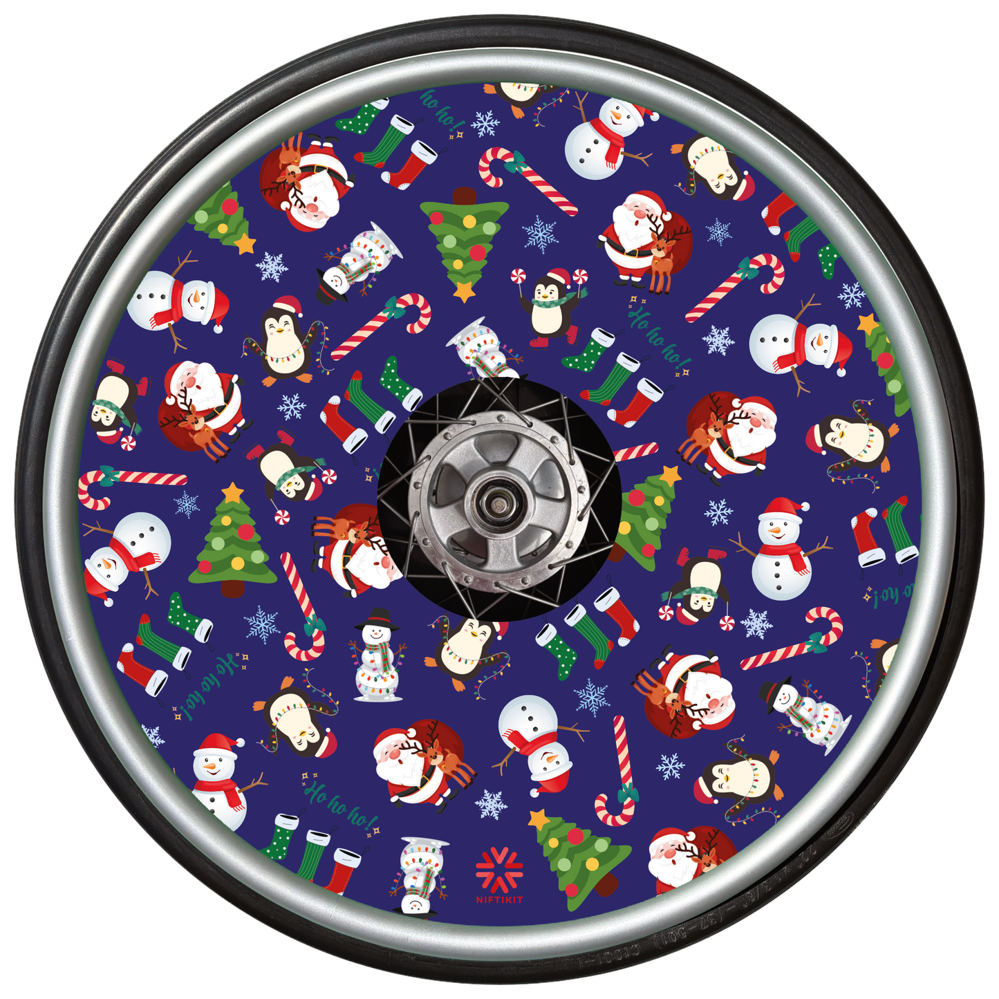 Wheelchair wheel and spoke cover with Christmas-themed cartoon  pattern on a blue background