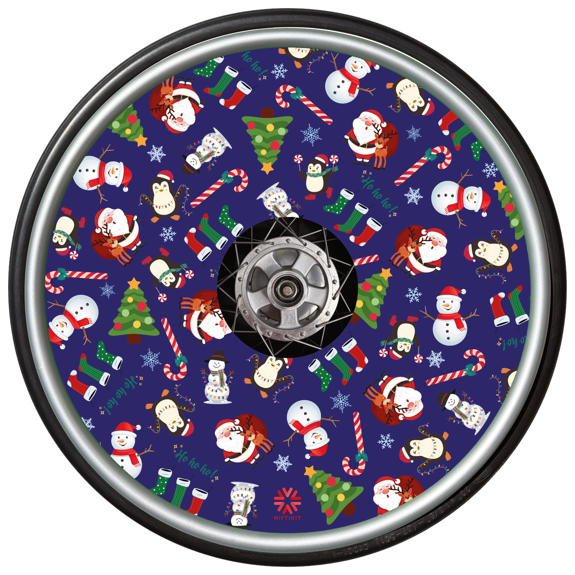 Wheelchair wheel and spoke cover with Christmas-themed cartoon  pattern on a blue background