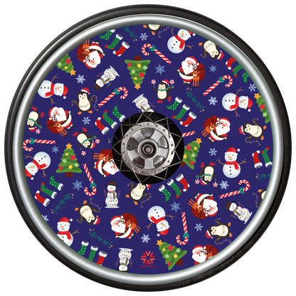 Wheelchair wheel and spoke cover with Christmas-themed cartoon  pattern on a blue background