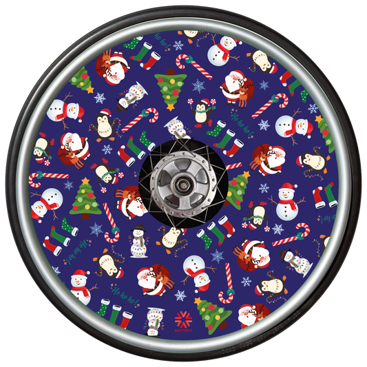 Wheelchair wheel and spoke cover with Christmas-themed cartoon  pattern on a blue background