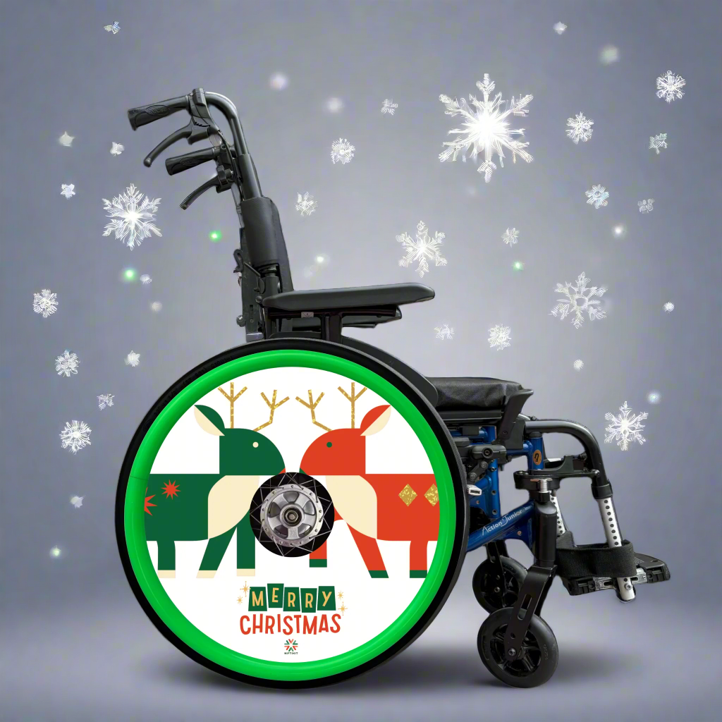 Wheelchair with spoke guard featuring two abstract, cartoon reindeer and a green hand rim cover  on a Christmas snowflake  studio background.