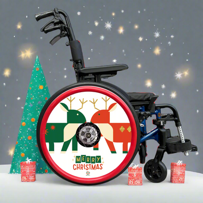 Wheelchair with spoke guard featuring two abstract, cartoon reindeer and a red hand rim cover  on a Christmas snowflake  studio background.