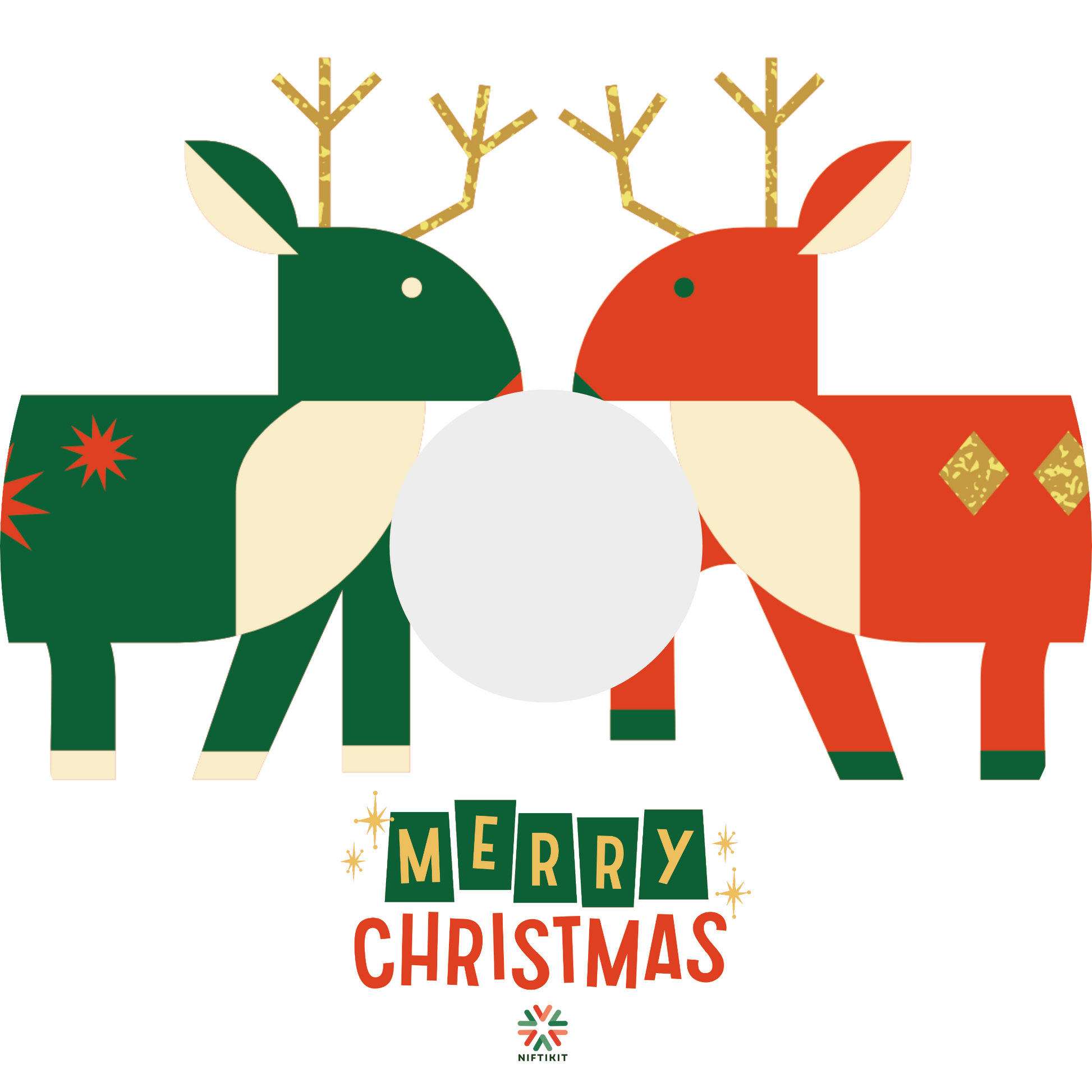 Wheelchair spoke guard featuring two abstract, cartoon reindeer, facing each other and Happy Christmas statement below on white background