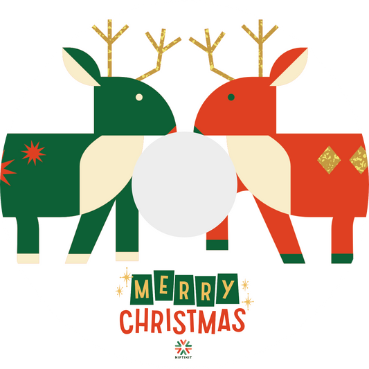 Wheelchair spoke guard featuring two abstract, cartoon reindeer, facing each other and Happy Christmas statement below on white background