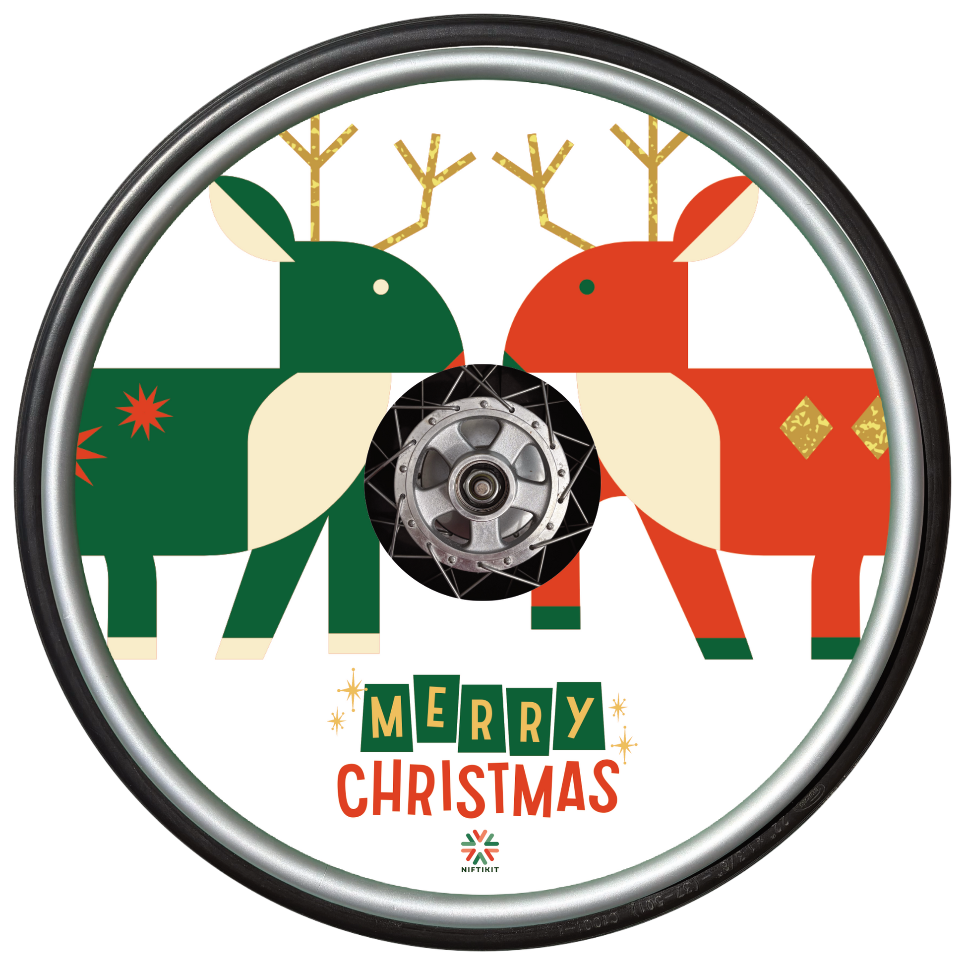 Wheelchair wheel with spoke guard featuring two abstract, blocky reindeer, facing each other and Happy Christmas statement below on white background