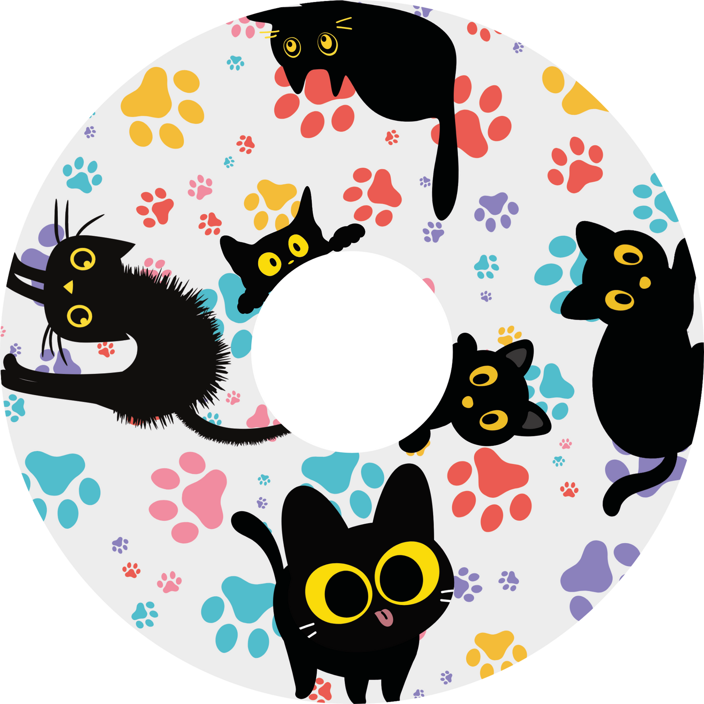 Wheelchair wheel cover featuring black cats with orange eyes and colourful paw prints on a white background.