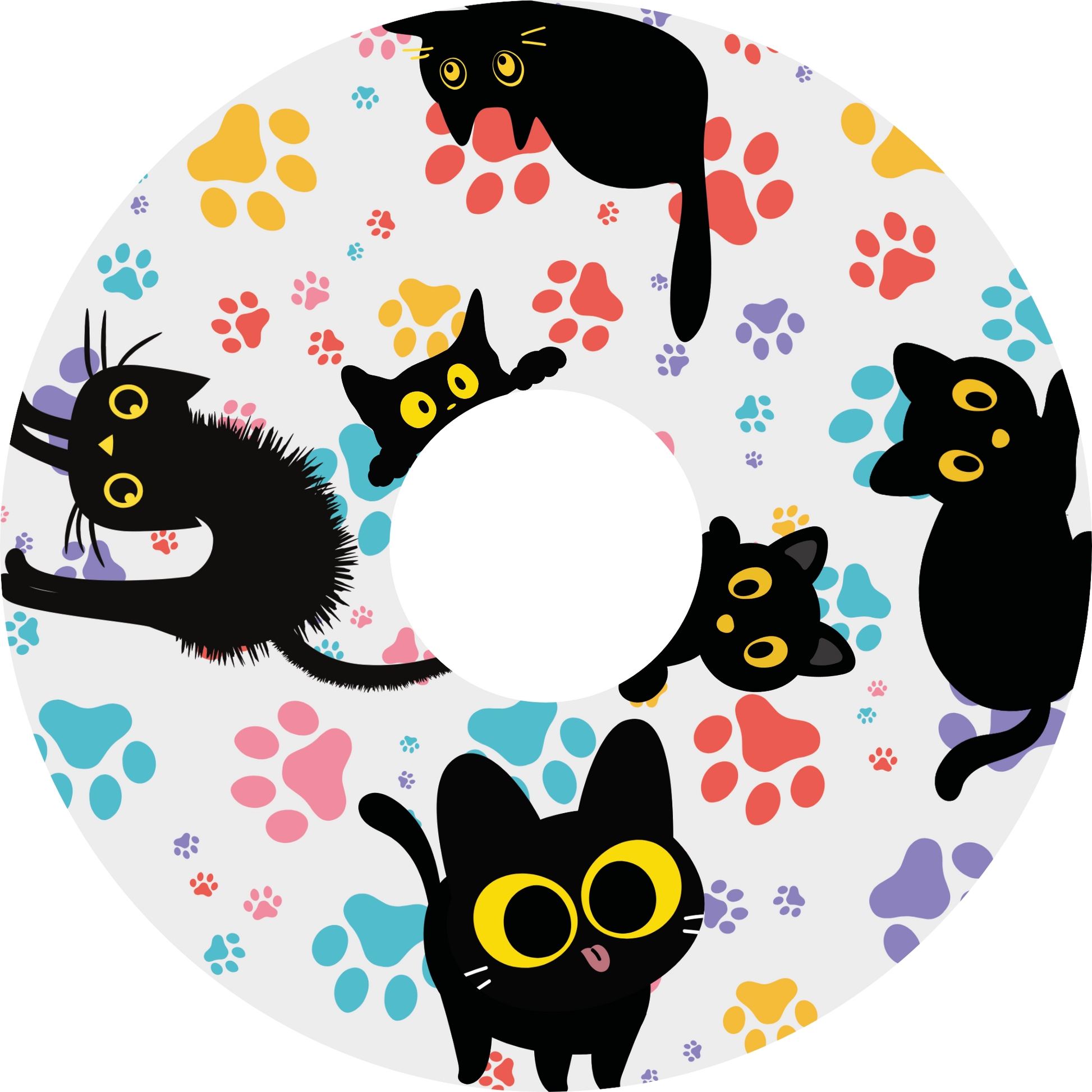 Wheelchair wheel cover featuring black cats with orange eyes and colourful paw prints on a white background.