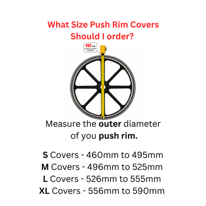 A size guide graphic for wheelchair push rim covers showing a wheel diagram with a yellow vertical measurement tape and text explaining how to measure the outer diameter and which size category fits based on millimeter ranges.