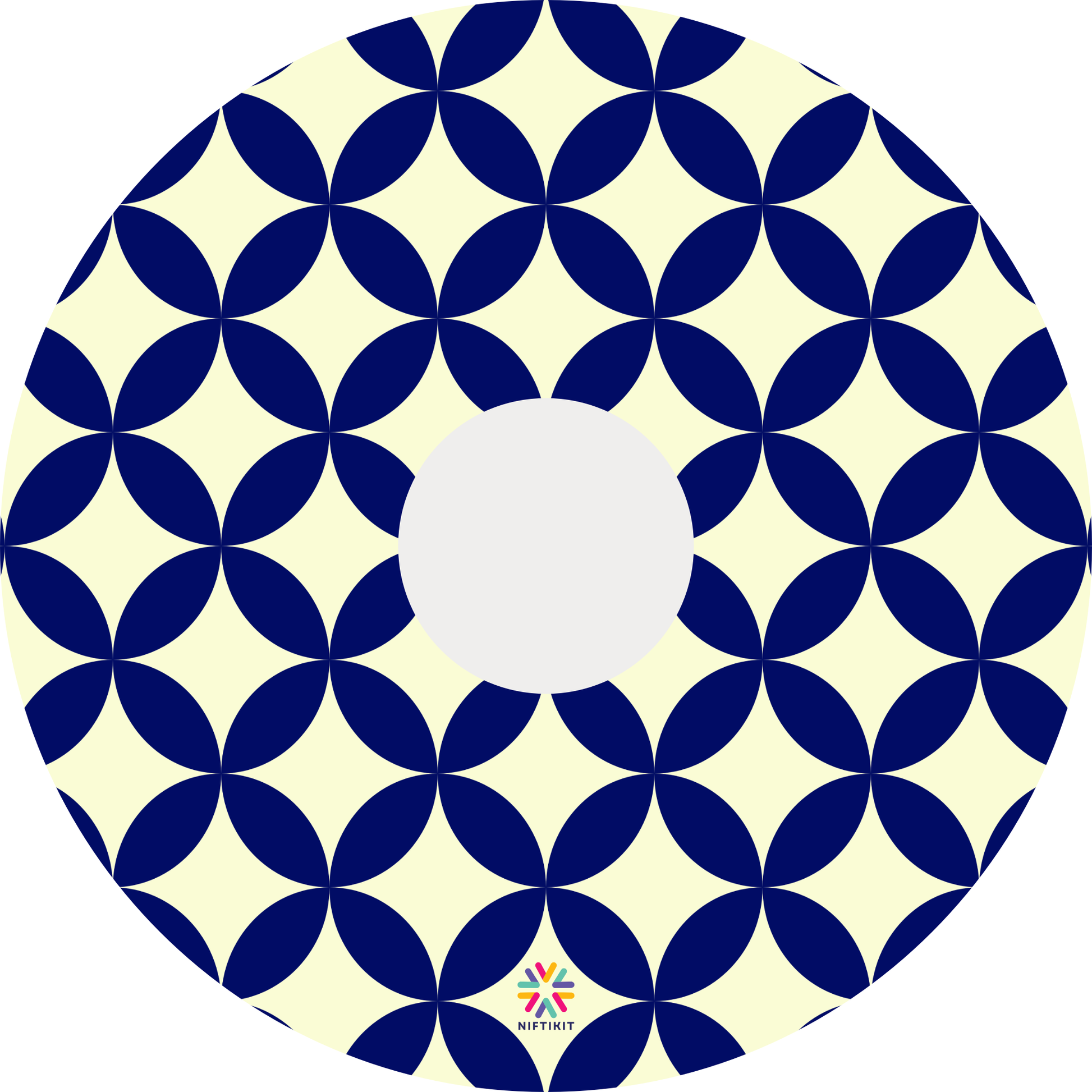 Wheelchair wheel cover in navy blue and cream geometric petals and diamonds pattern with centre hub cutout. 