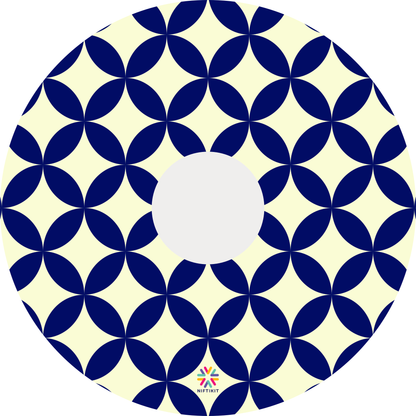 Wheelchair wheel cover in navy blue and cream geometric petals and diamonds pattern with centre hub cutout. 