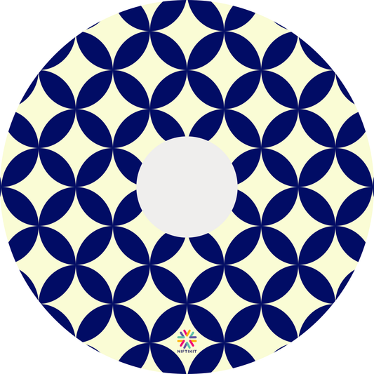 Wheelchair wheel cover in navy blue and cream geometric petals and diamonds pattern with centre hub cutout. 
