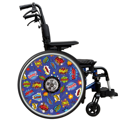 Wheelchair with a colorful wheel cover featuring comic book sound effect graphics on a white background